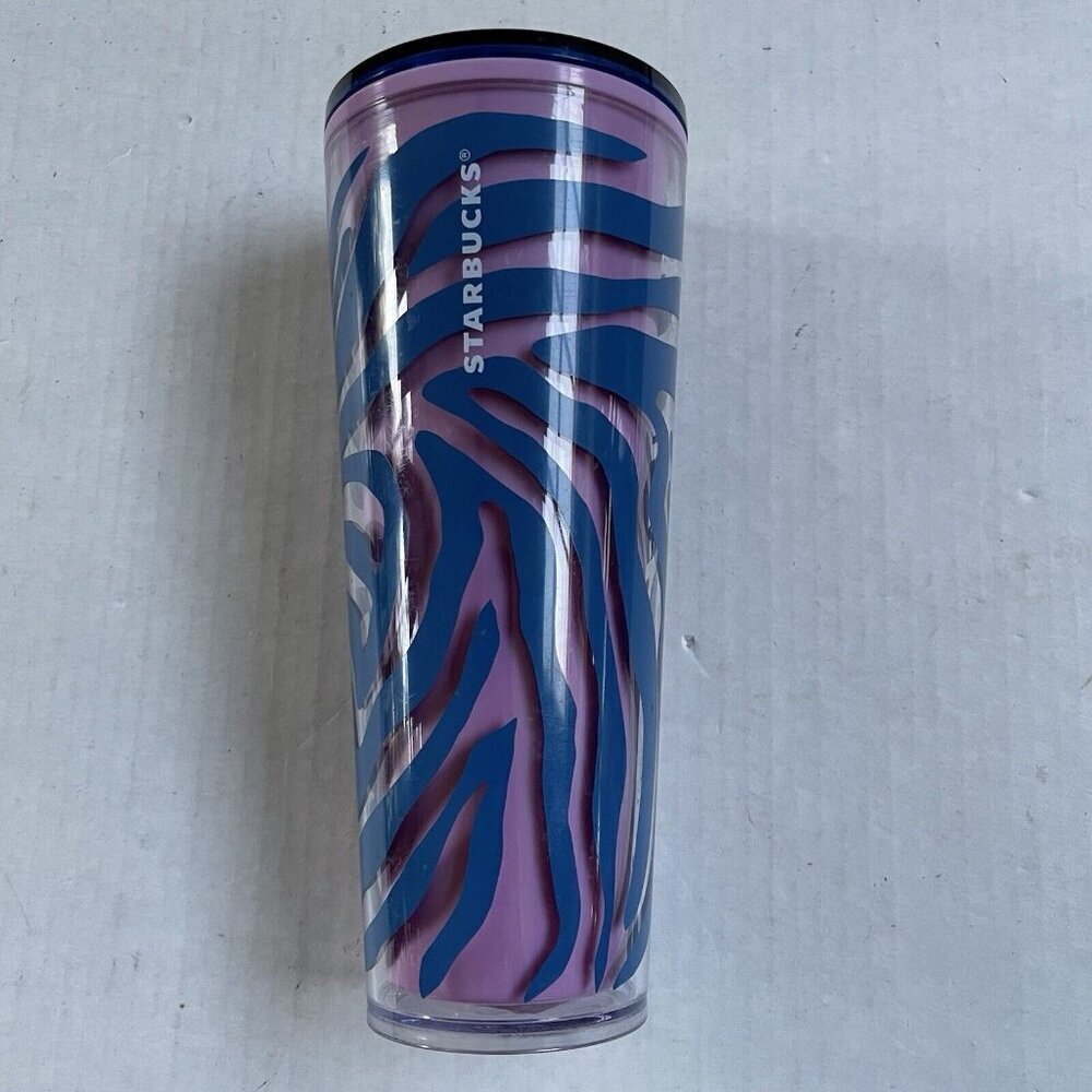 Starbucks Summer 2021 Pink Blue Zebra Print Venti 24oz Tumbler Cold Cup No Straw